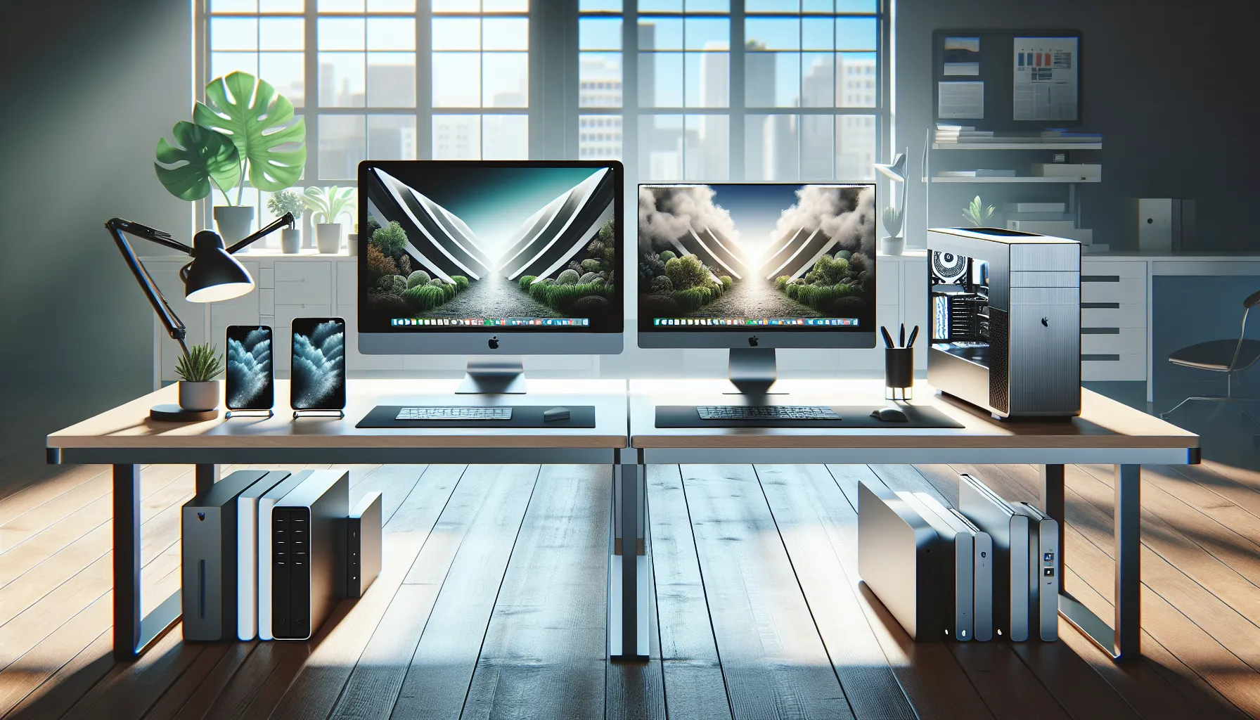 Two desks showcasing an Apple iMac and a Windows PC in a modern office.