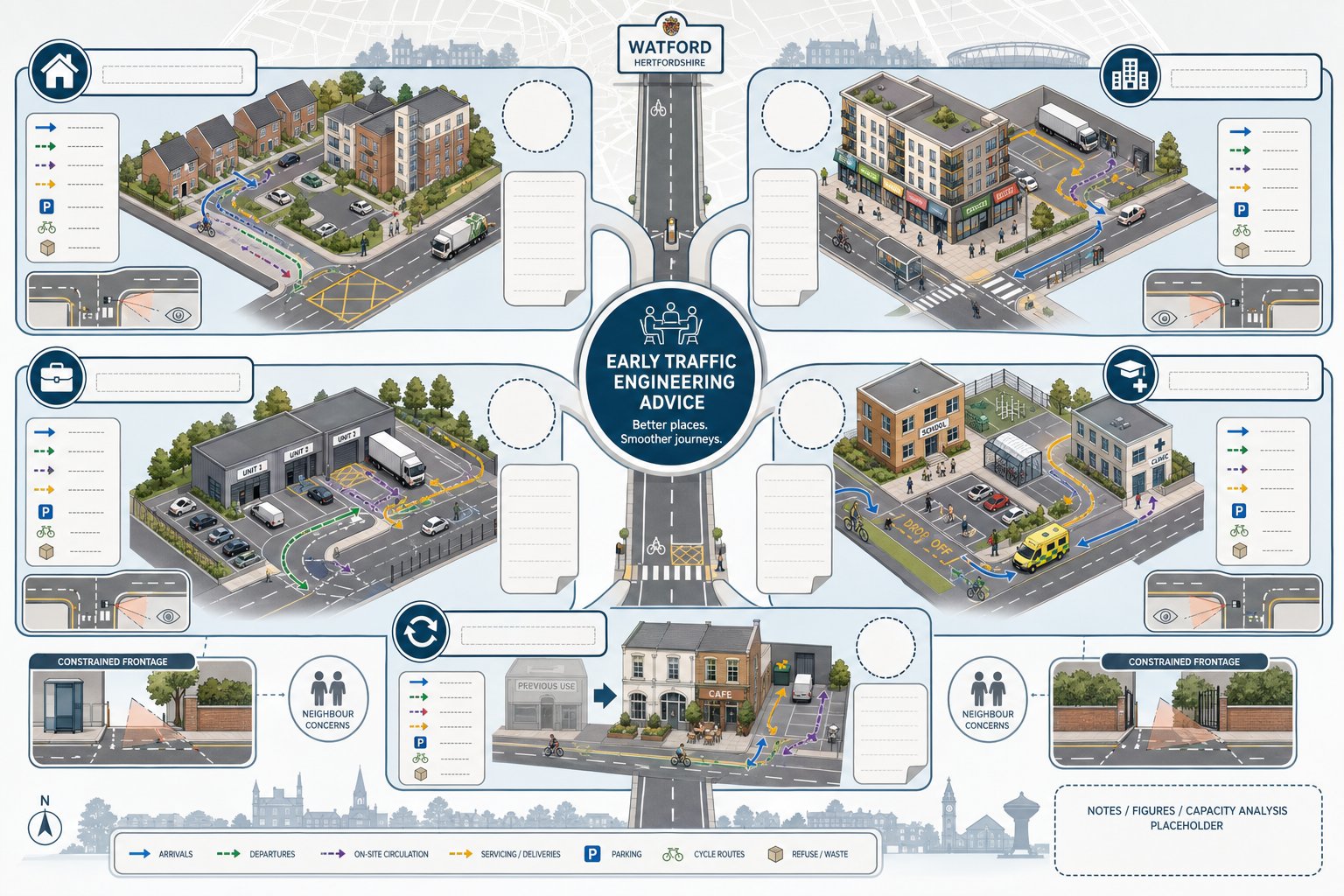 Infographic showing development types in Watford that need traffic engineering advice.