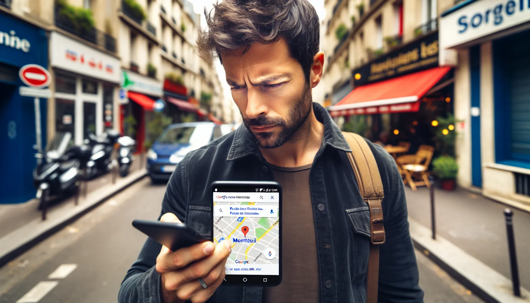 Man in Montreuil checking local businesses on Google Maps on his smartphone.