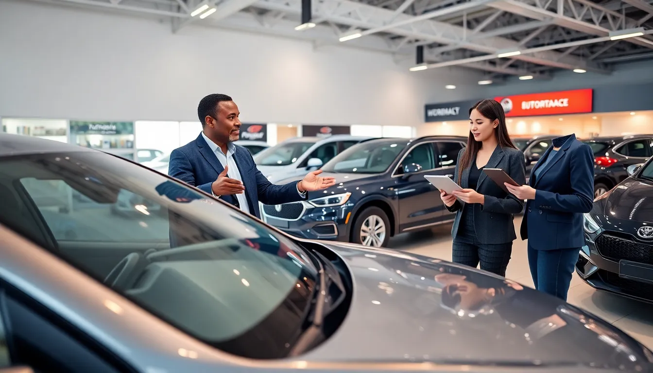 diverse professionals discussing modern cars in a polished showroom.