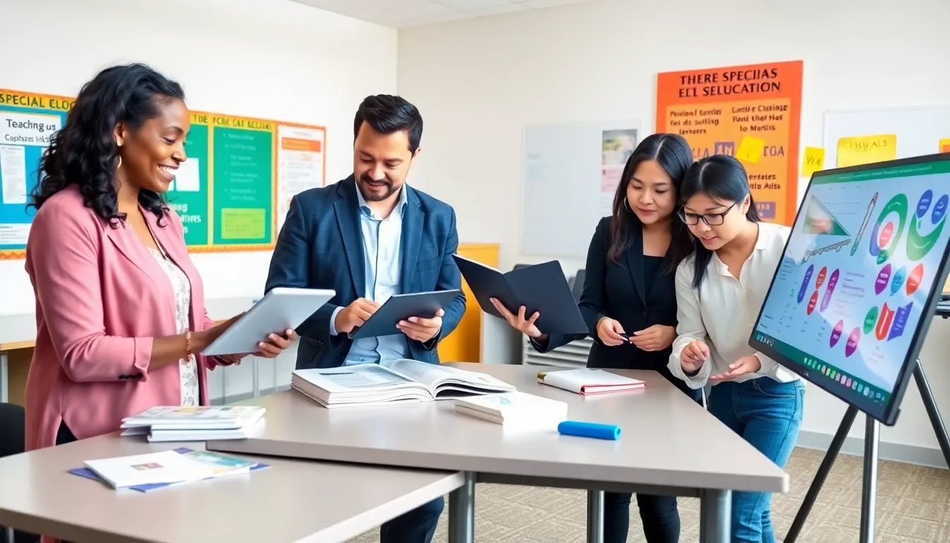 diverse educators collaborating in a modern special education classroom.