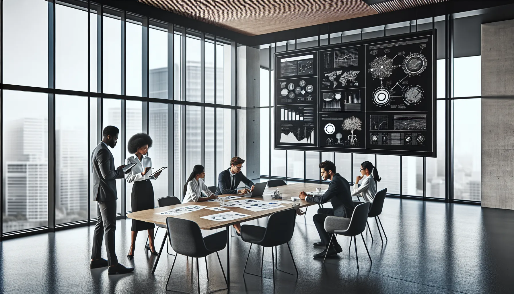 diverse professionals collaborating over the concept of xbcmfnps in a modern office.