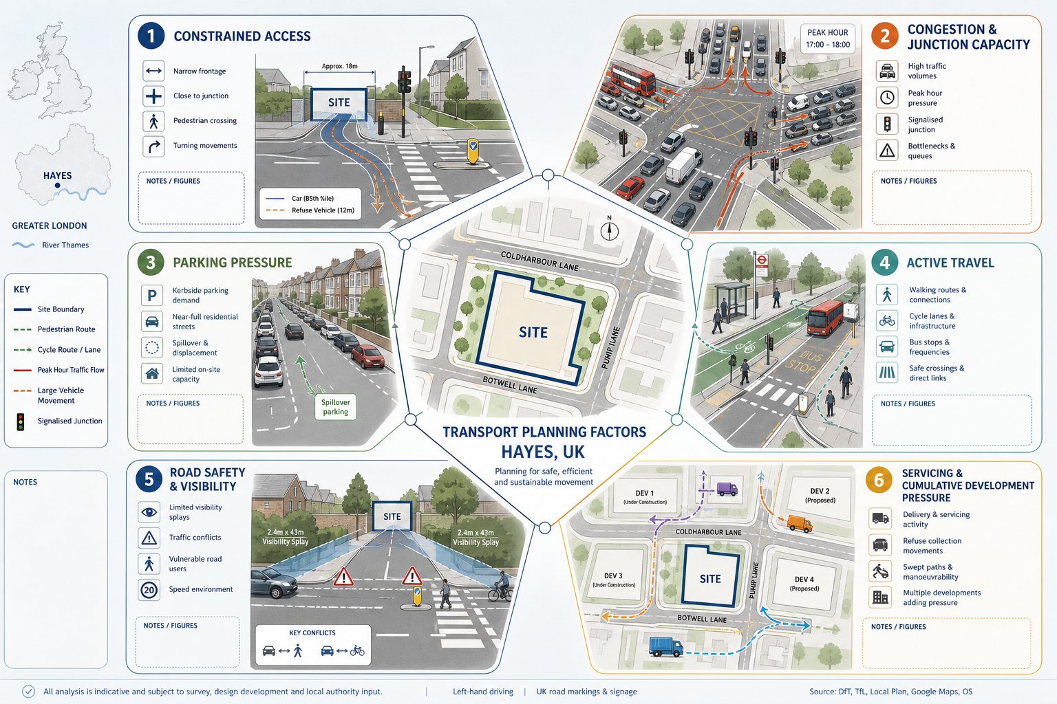 Infographic of key transport planning factors affecting development sites in Hayes.