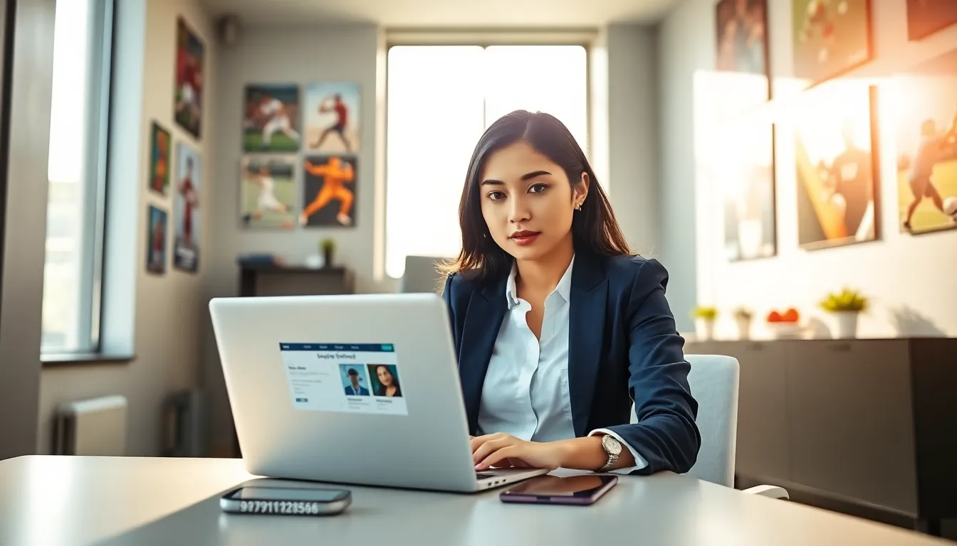 a young woman working at a desk with sports news on her laptop.