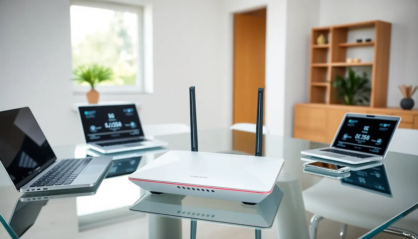 modern home workspace with a router and connected devices.