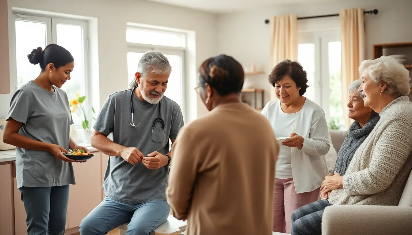 caregivers assisting clients in a warm home environment.