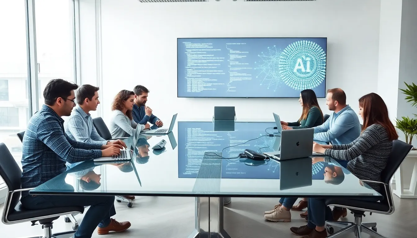 diverse team discussing C++ AI code generator in a modern office.
