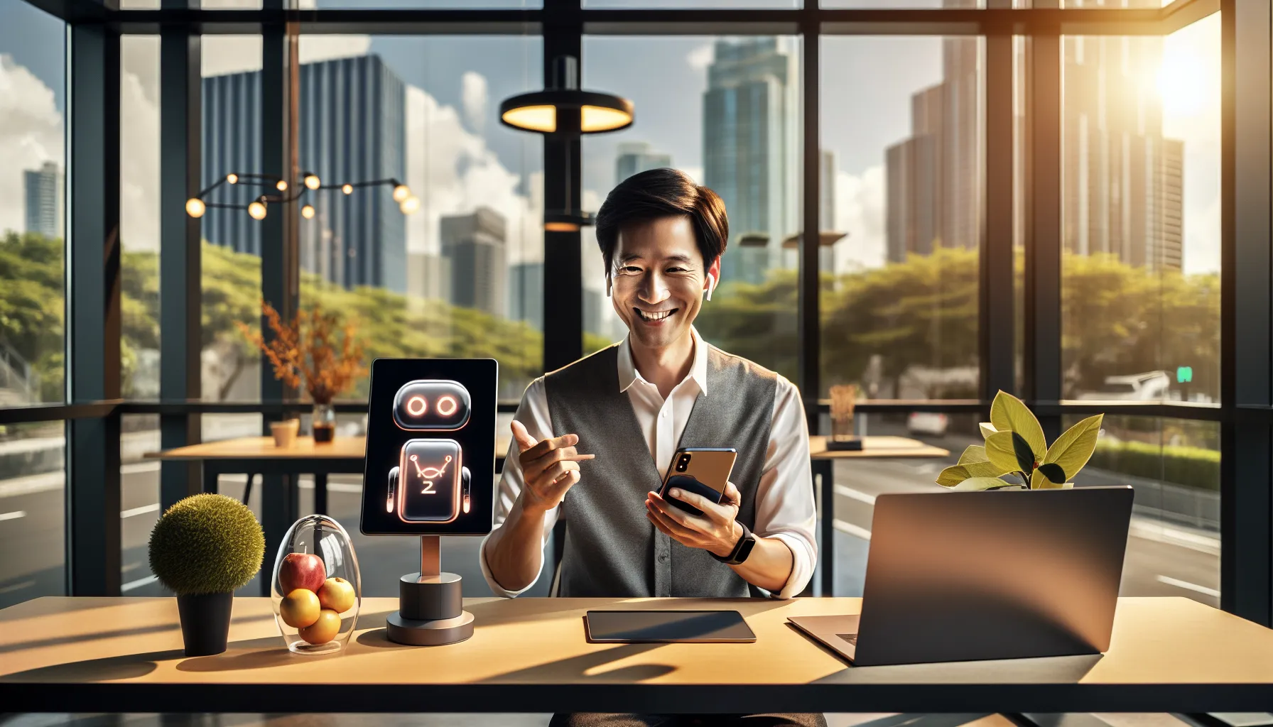 A person comparing Android and iOS devices at a modern desk.