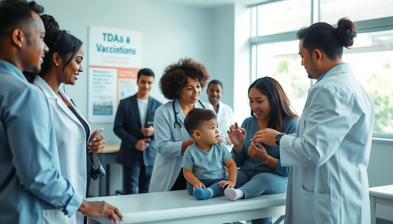 healthcare professionals administering a Tdap vaccination to a child.