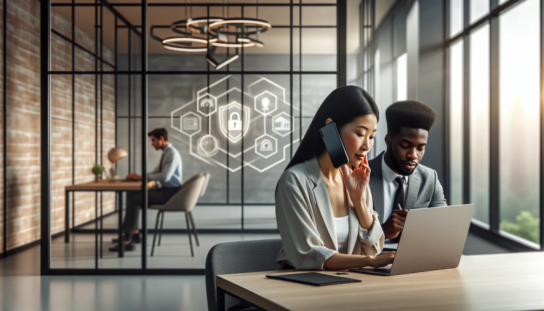 diverse professionals discussing security in a modern office