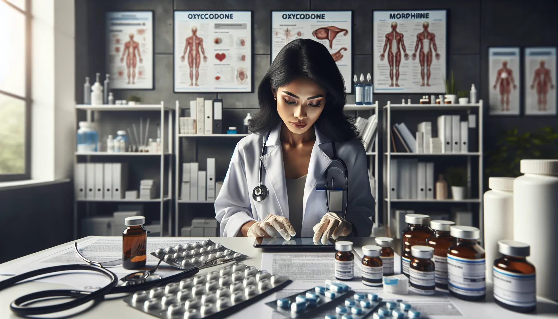 A healthcare professional examining oxycodone and morphine medication in a clinical setting.