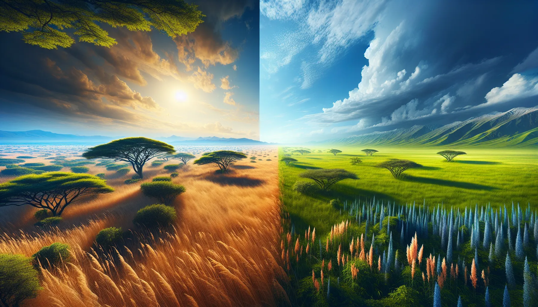 a visual contrast of savanna and grassland landscapes