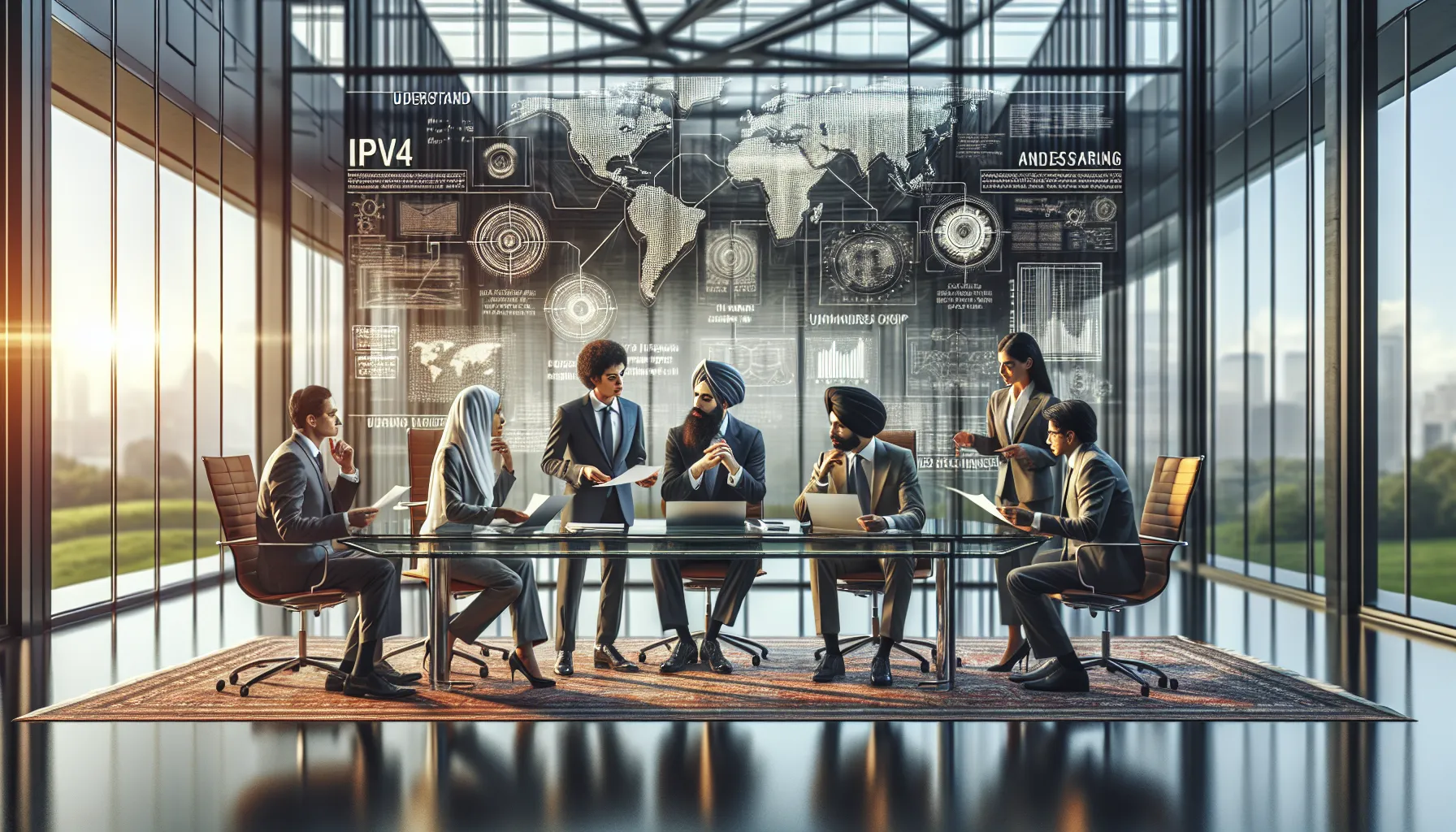 diverse professionals discussing IP address concepts in a modern office.