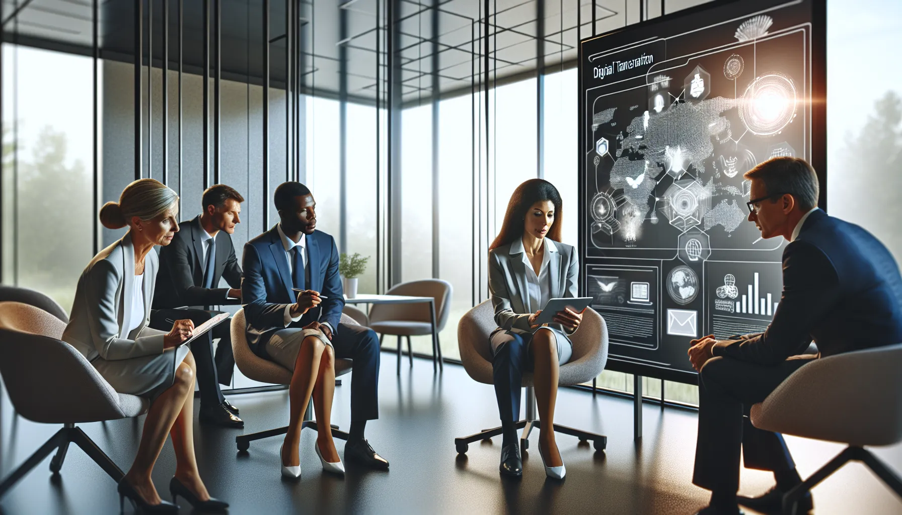 diverse professionals discussing digital transformation in a modern office.