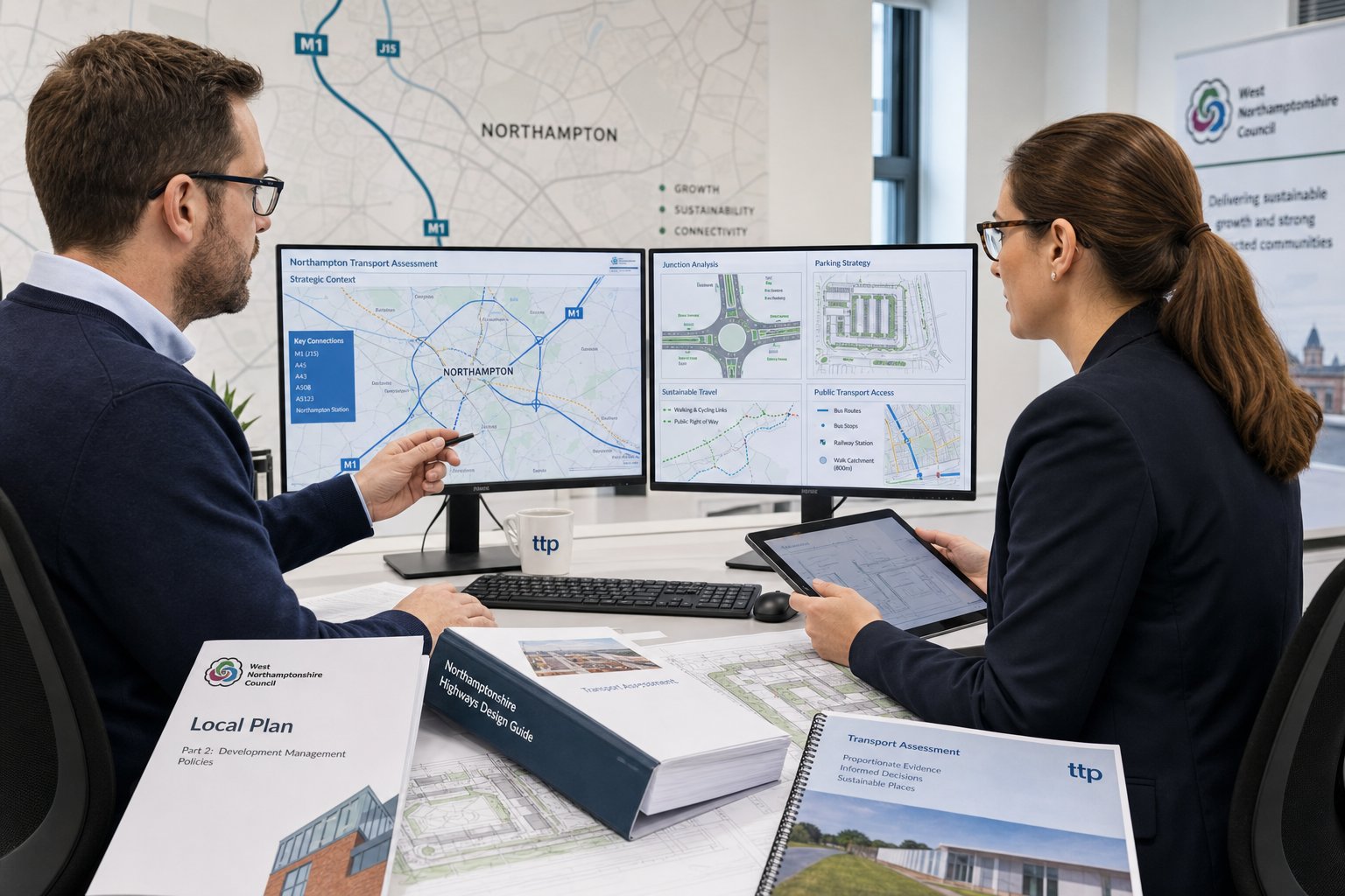 Traffic engineer reviewing Northampton road and planning data in a modern office.