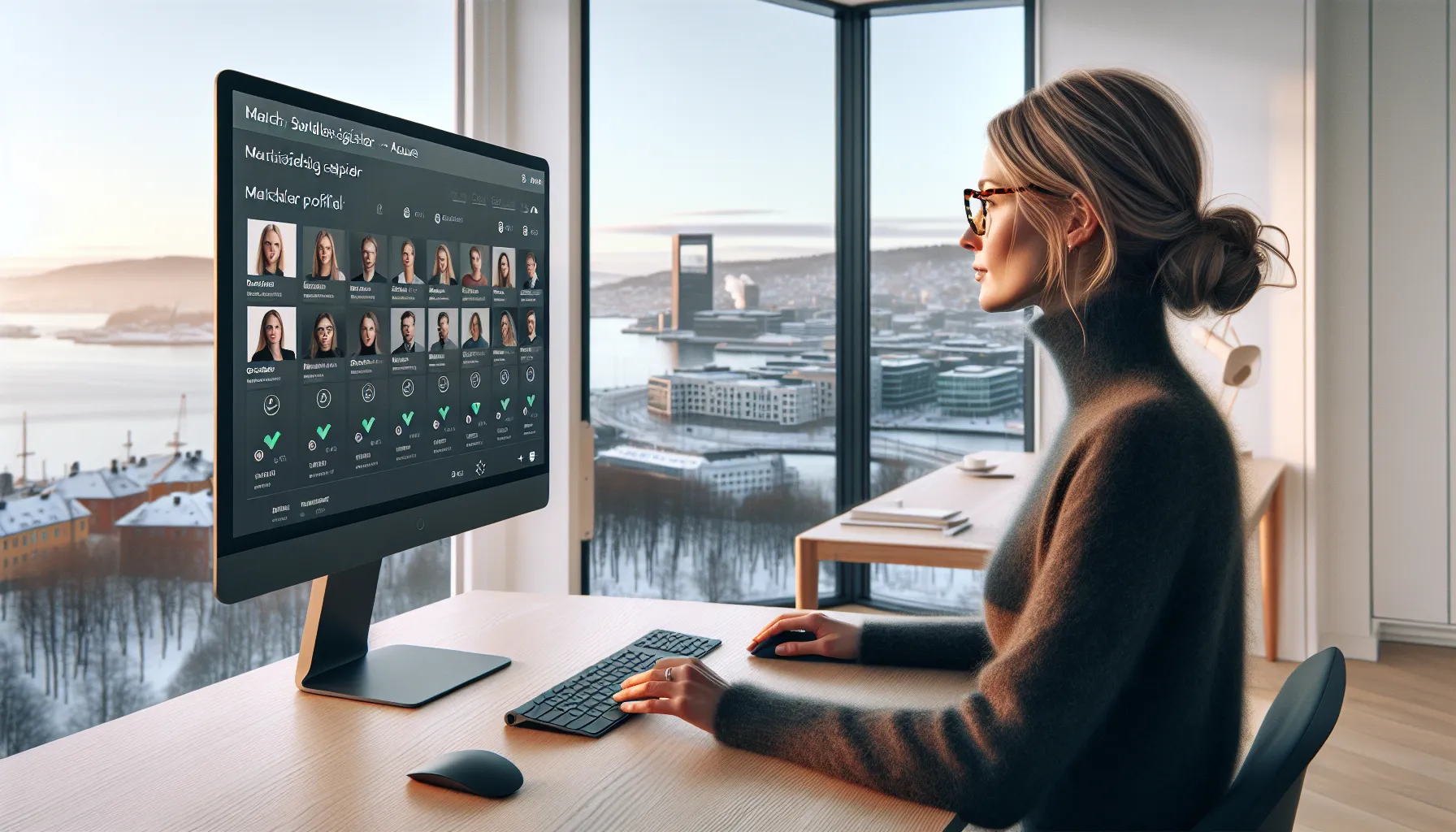 Norwegian recruiter reviews certification-filtered candidates on a screen in an oslo office.