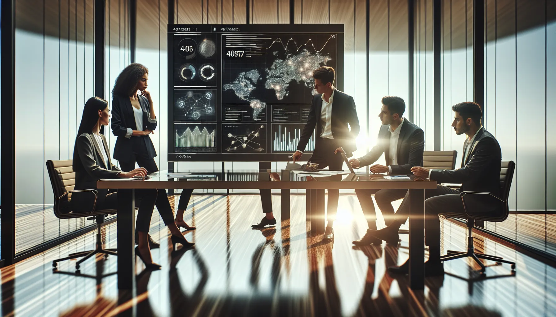 diverse team discussing data analytics in a modern office.