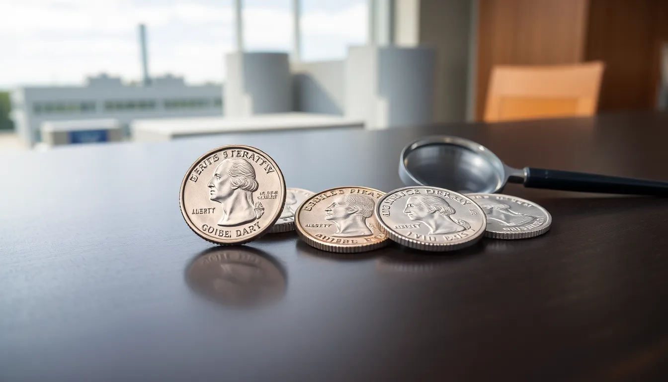 collection of modern quarters on a wooden table with a magnifying glass.