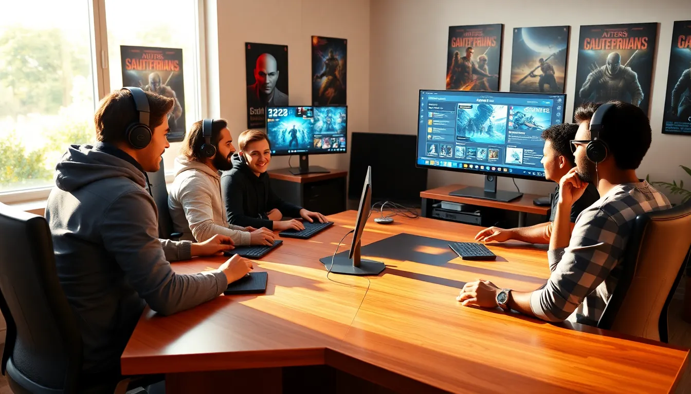 diverse gamers collaborating in a modern workspace with gaming equipment.