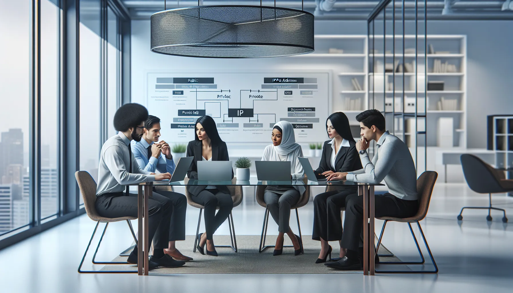 IT professionals discussing IP address classifications in a modern office.