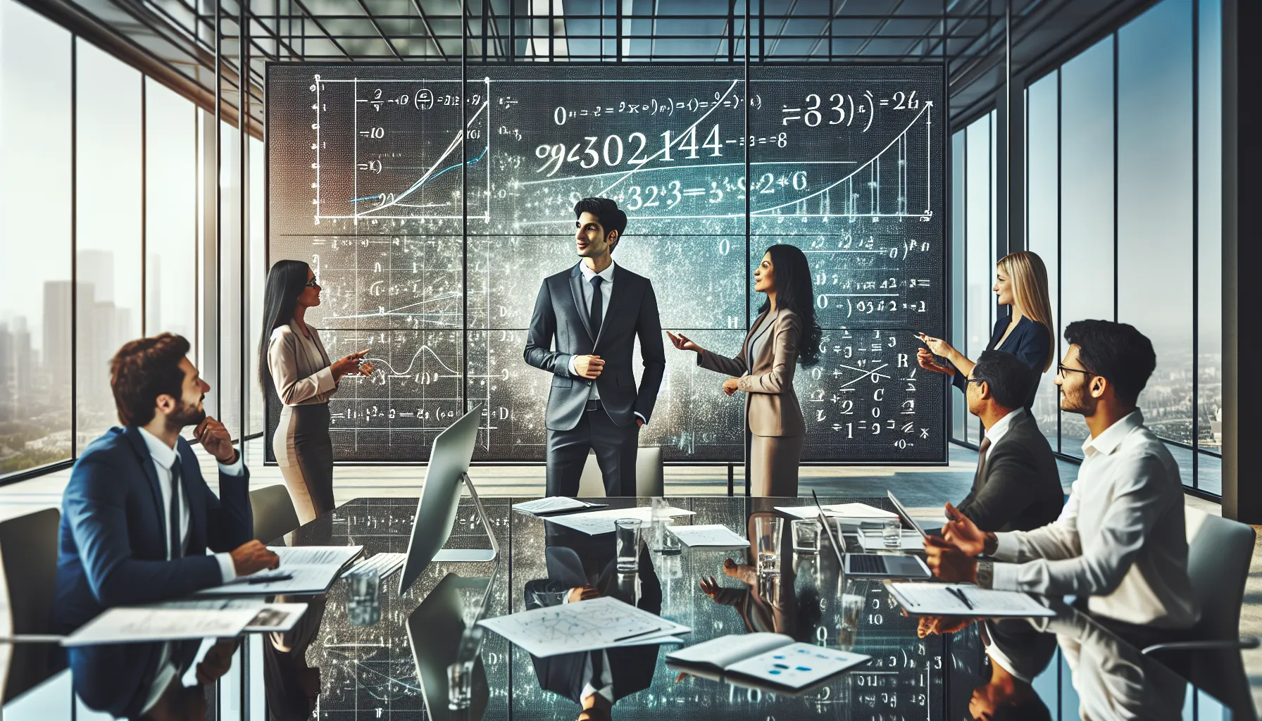 mathematician discussing number applications in a modern office.