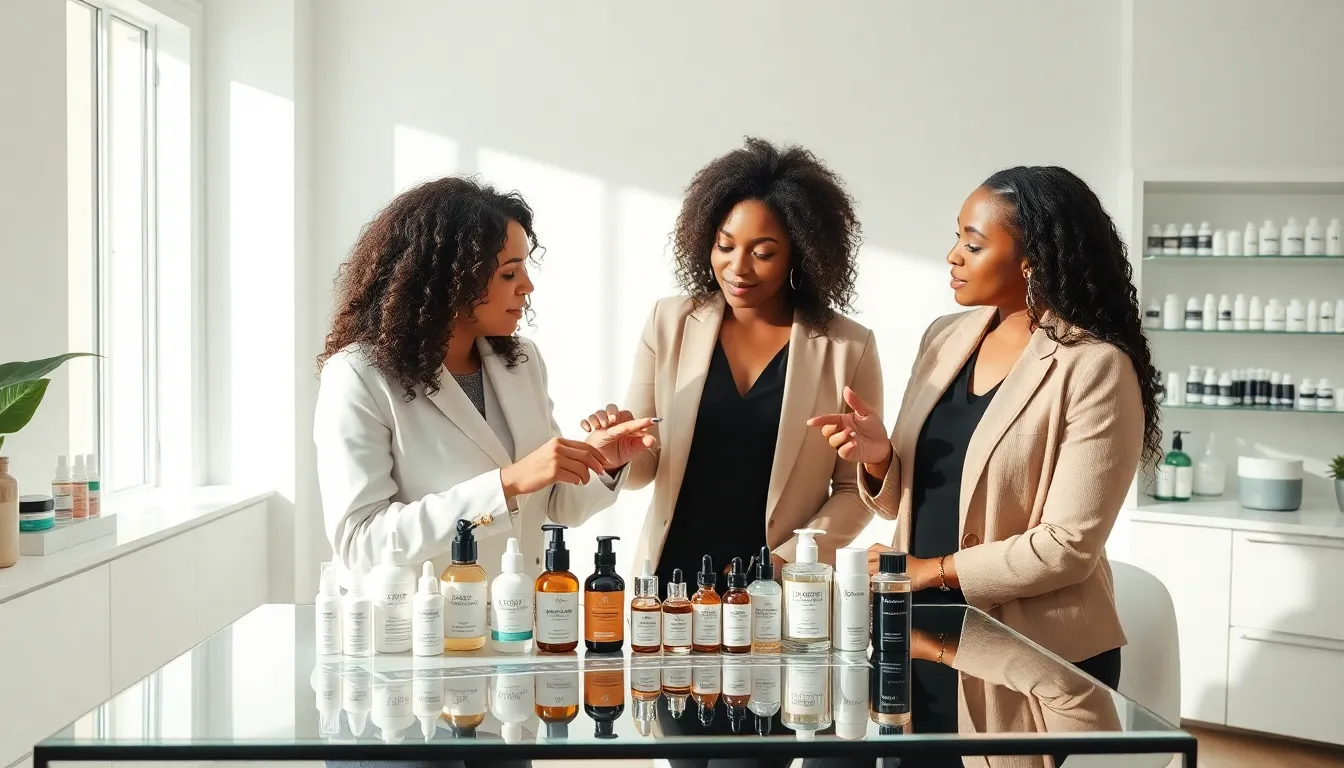diverse team discussing skincare product layering in a modern studio.