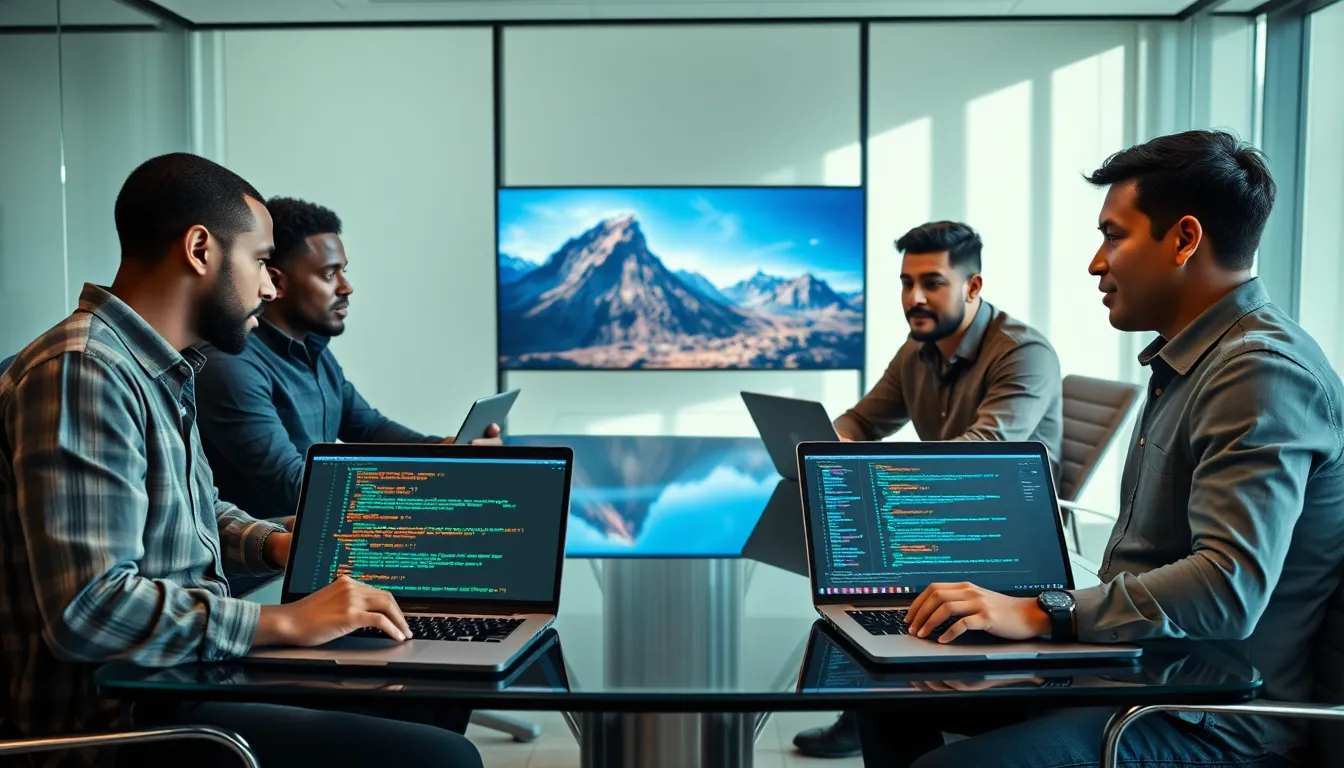 diverse team discussing Unreal Engine coding languages in a modern office.