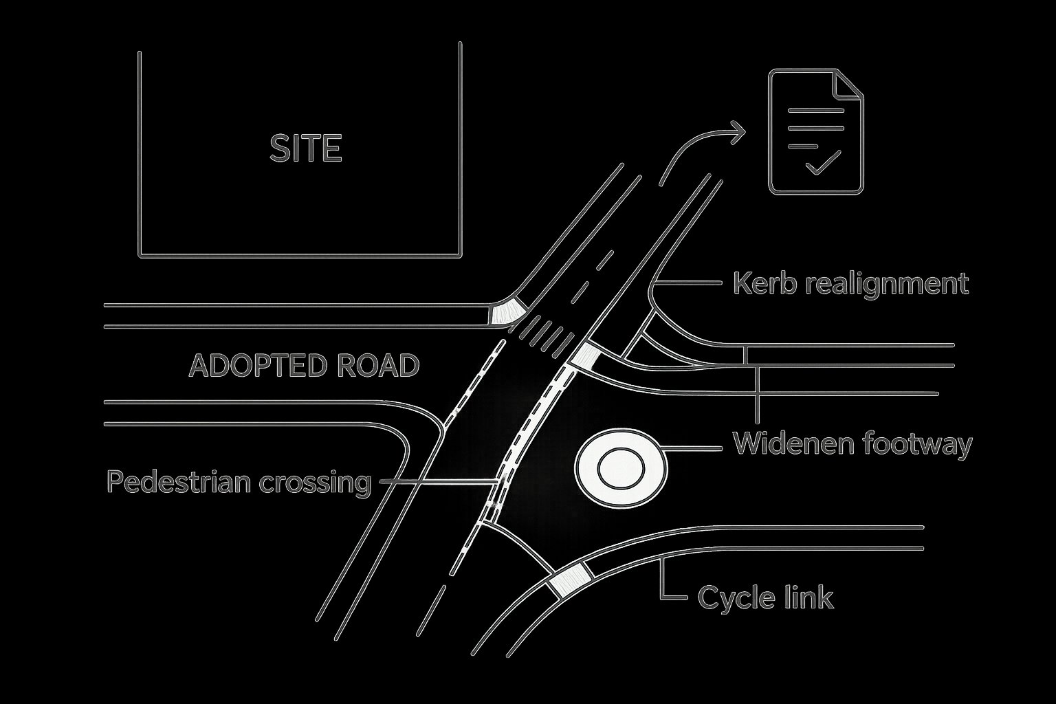 Development site connecting to a public road with required highway alterations.