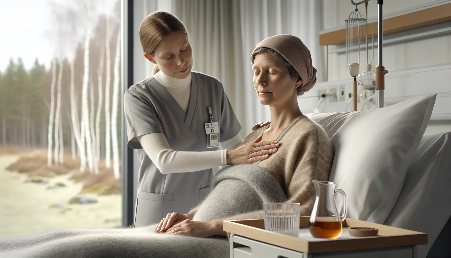 Reiki i kreftomsorg og smertebehandling 3 Reiki practitioner comforts a cancer patient in a calm norwegian hospital room.