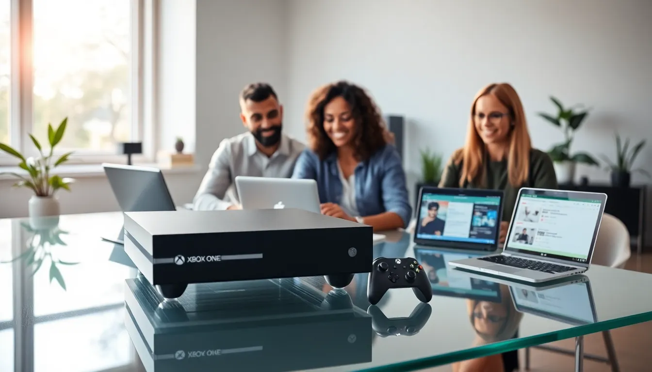 diverse professionals discussing Xbox One in a modern office setup.