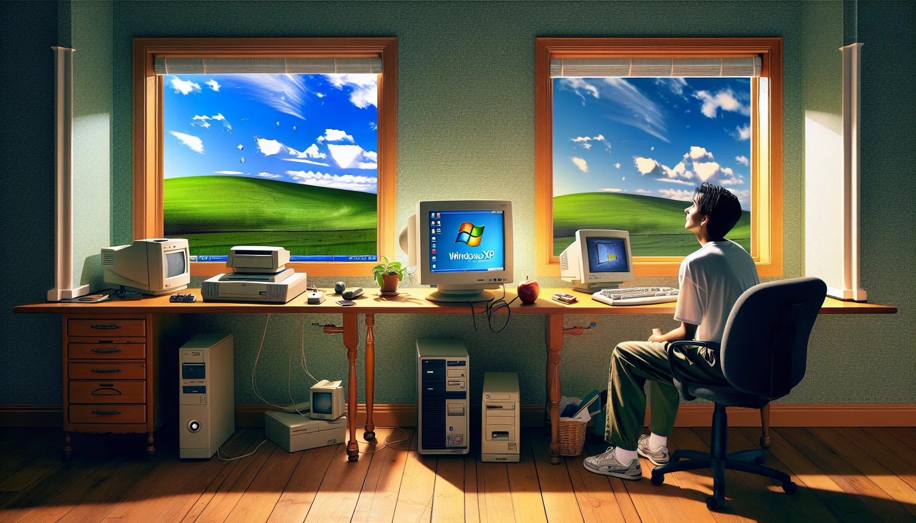 A person comparing Windows XP and Vista on a home office desk.