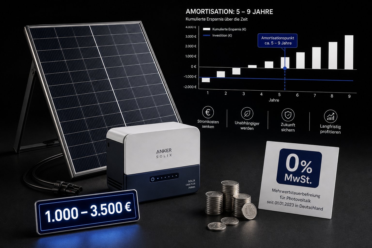 Balkonkraftwerk-Modul mit Batteriespeicher als Illustration zu Kosten und Ersparnis