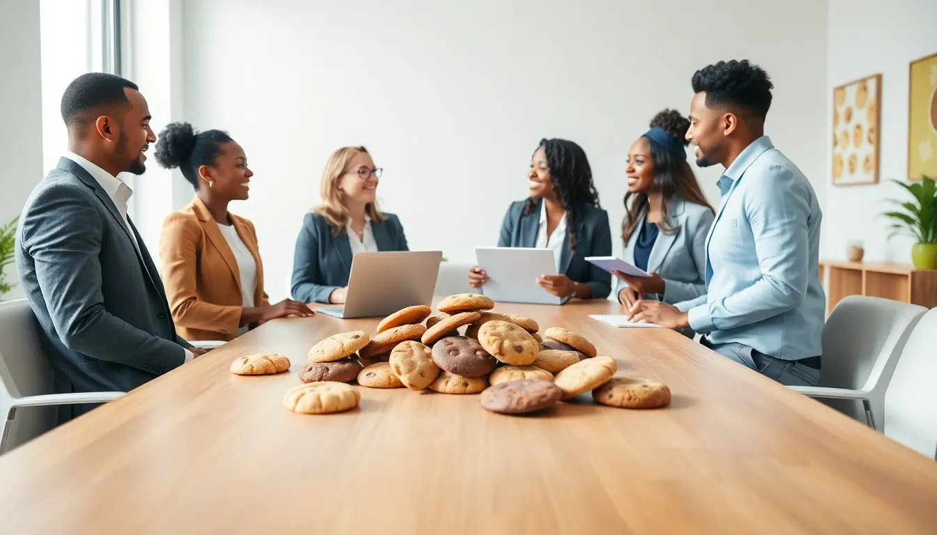 diverse team discussing cookies in a modern office.
