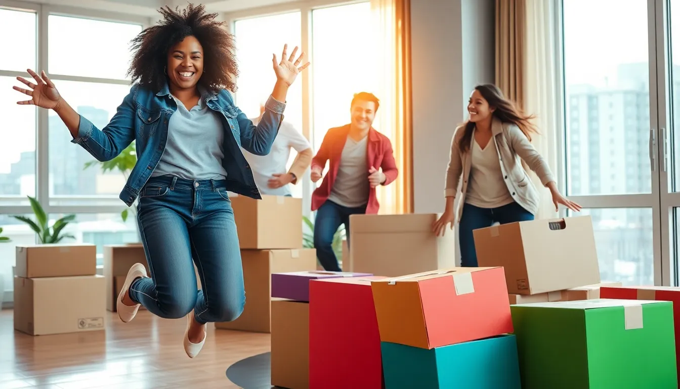 friends joyfully celebrating on moving day with humor and excitement.