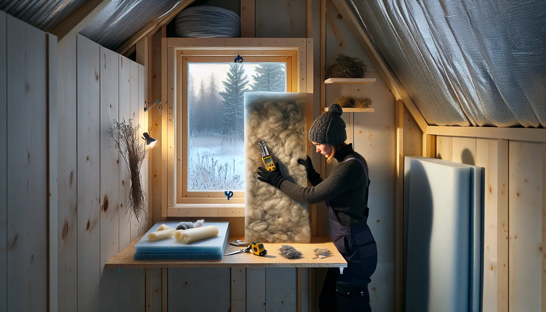 Woman compares insulation types in a small norwegian shed during winter.