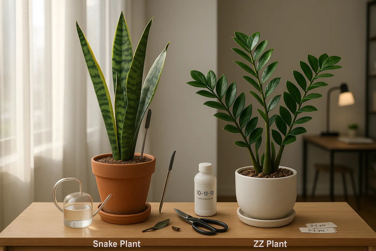 Snake plant by sunny window and ZZ plant in indirect light with care tools.