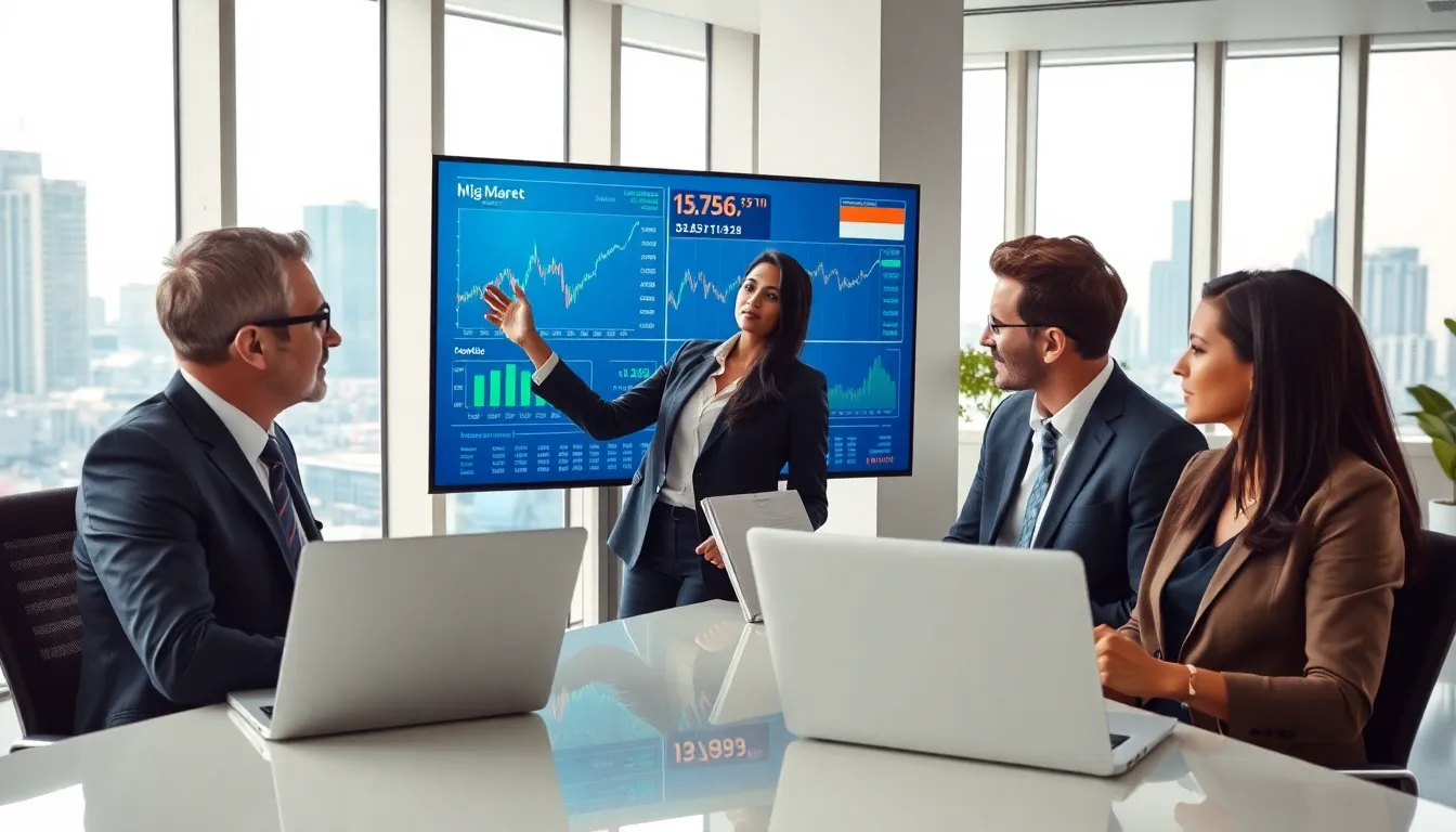professionals analyzing stock market data in a modern office setting.