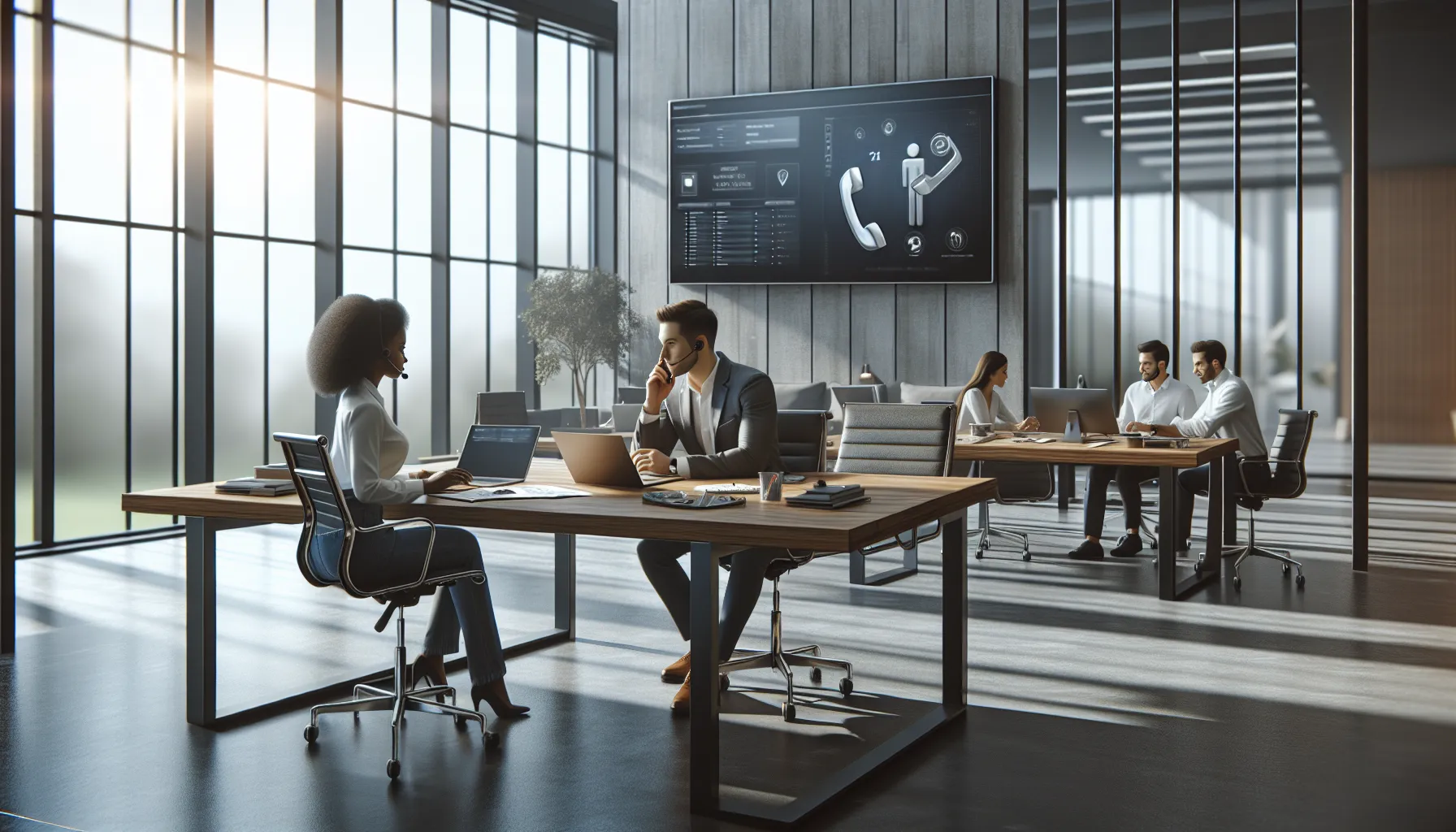 diverse team engaged in customer service discussion in a modern office.