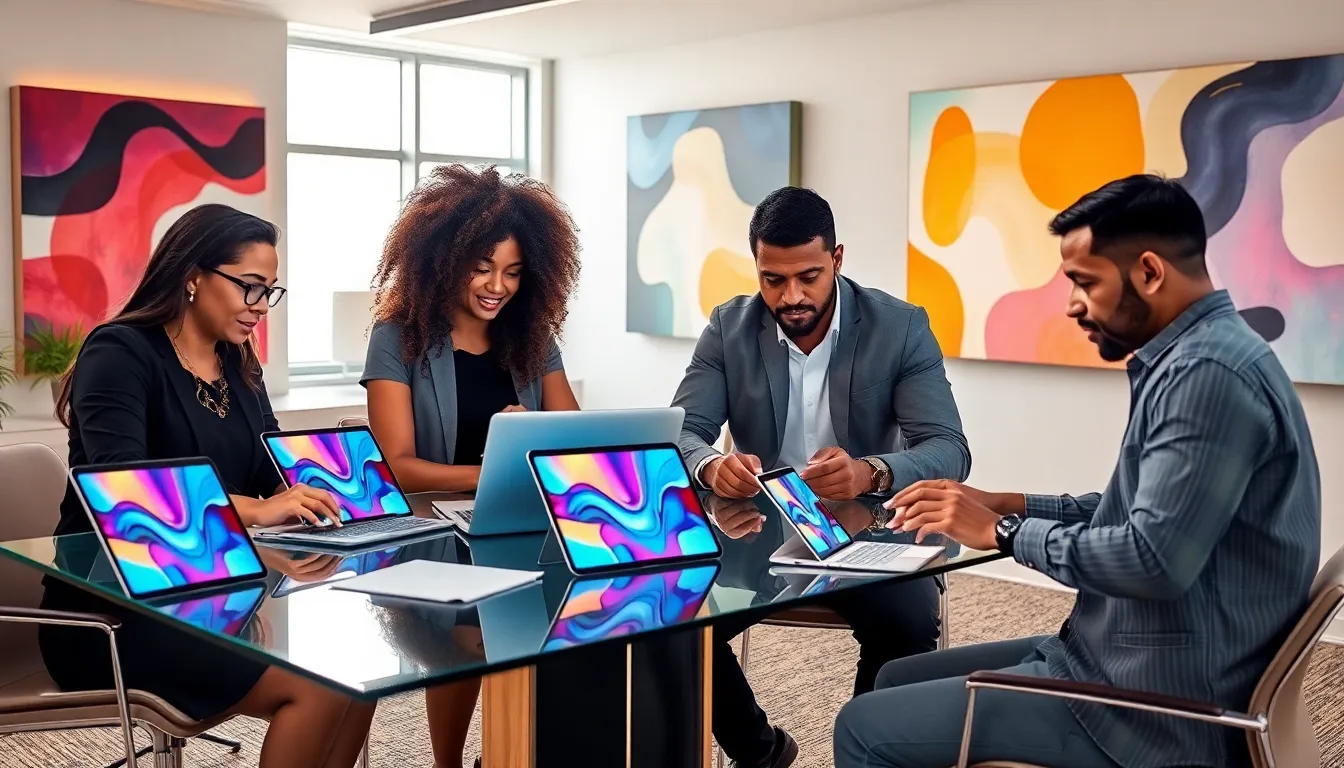diverse team collaborating in a modern office on digital innovation.