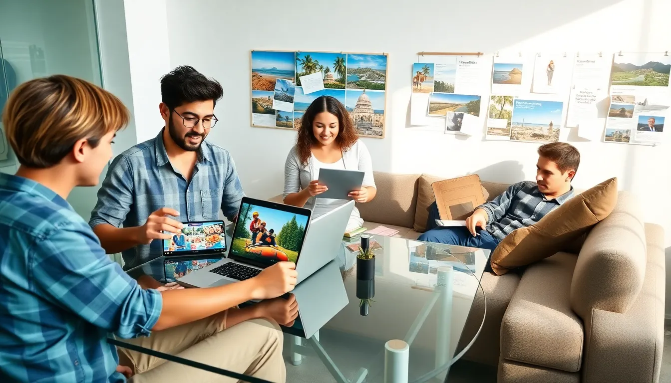 diverse travelers discussing various trip options in a modern office.