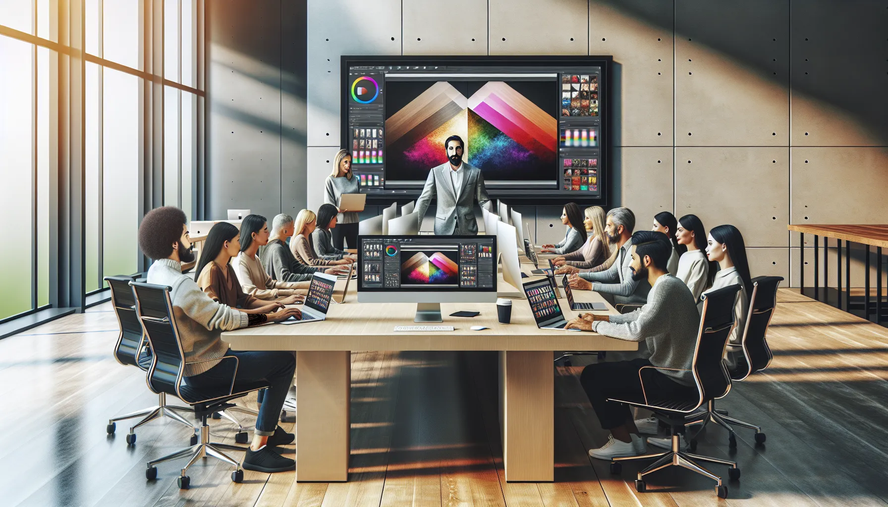 diverse group in a modern classroom learning Photoshop skills.