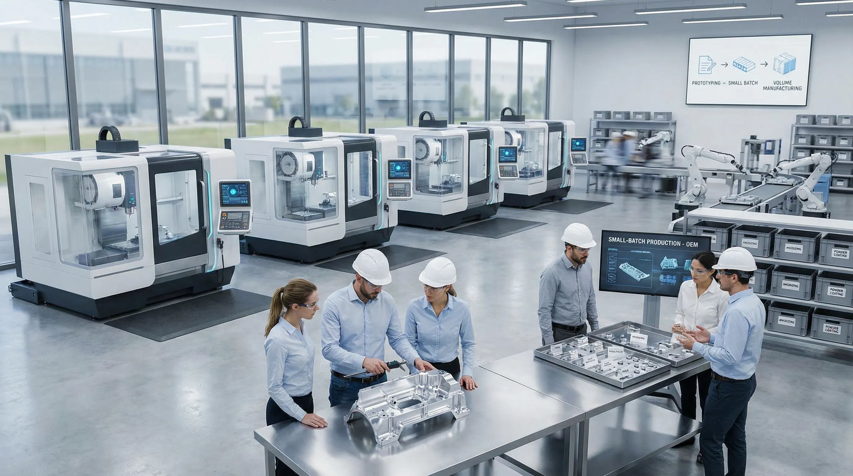 Engineers inspect CNC-machined parts in a modern Chinese factory.