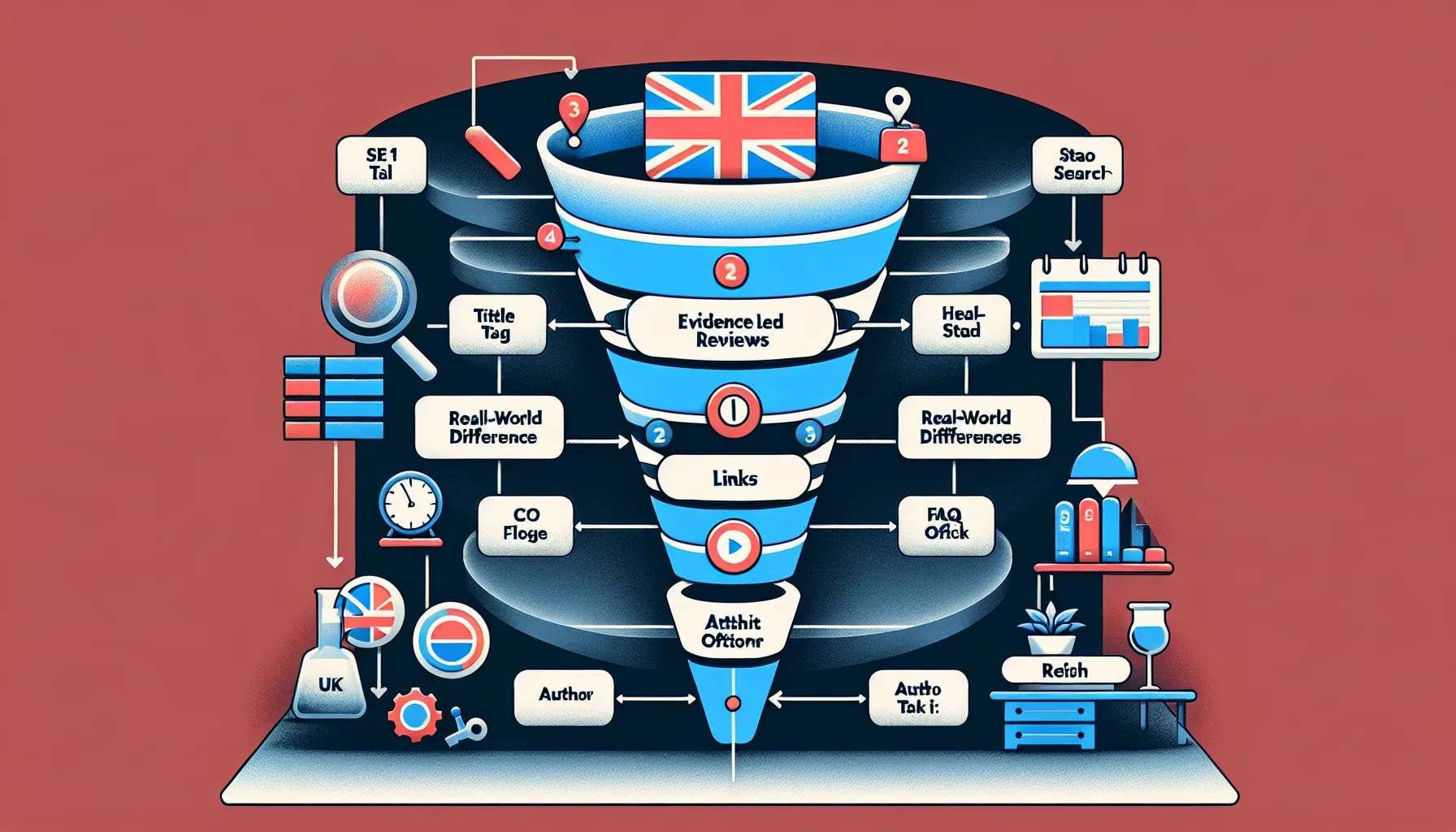 UK SEO affiliate content framework showing review, SEO, and authority steps.