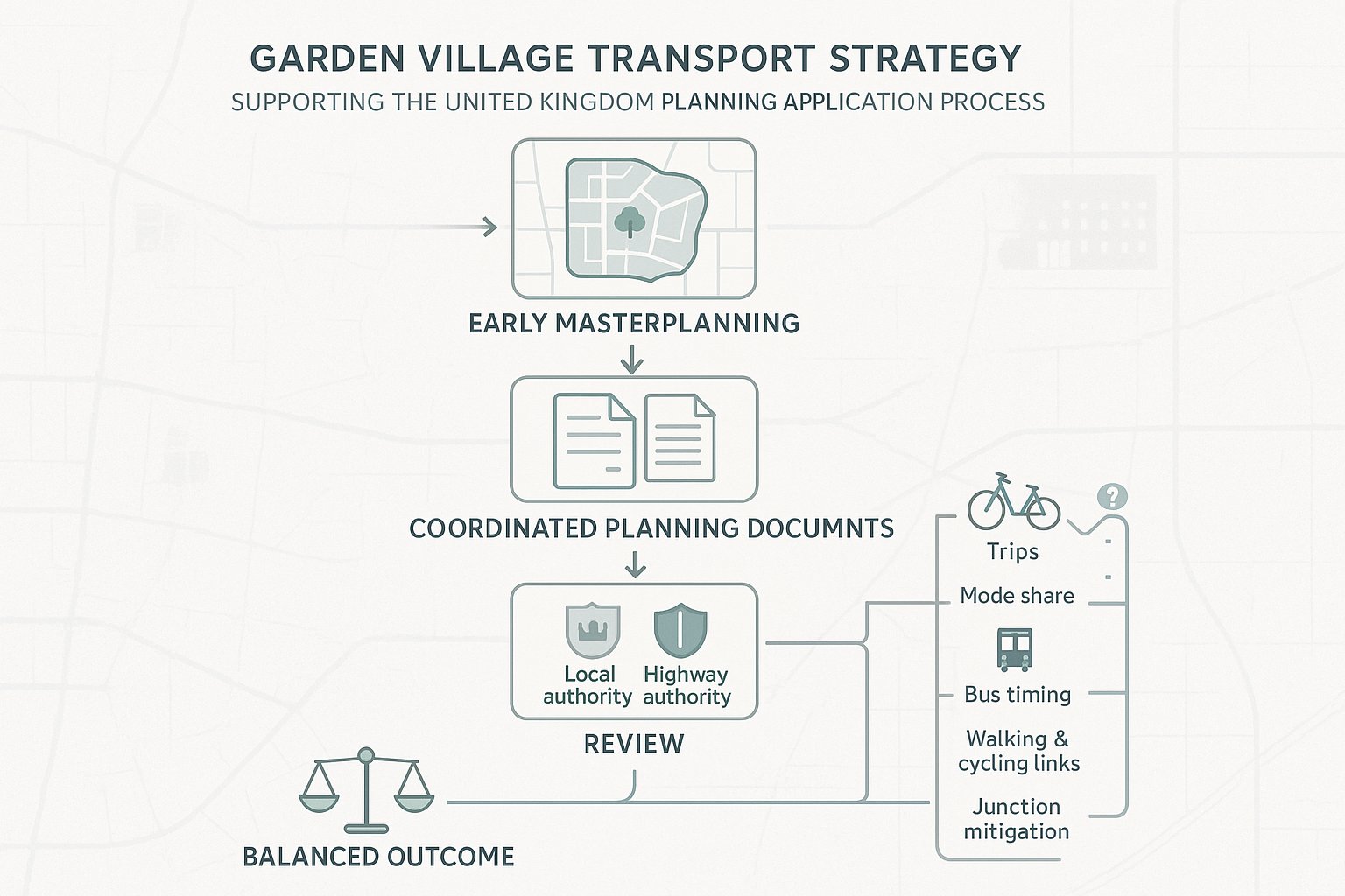 Infographic showing transport strategy stages in the UK planning application process.