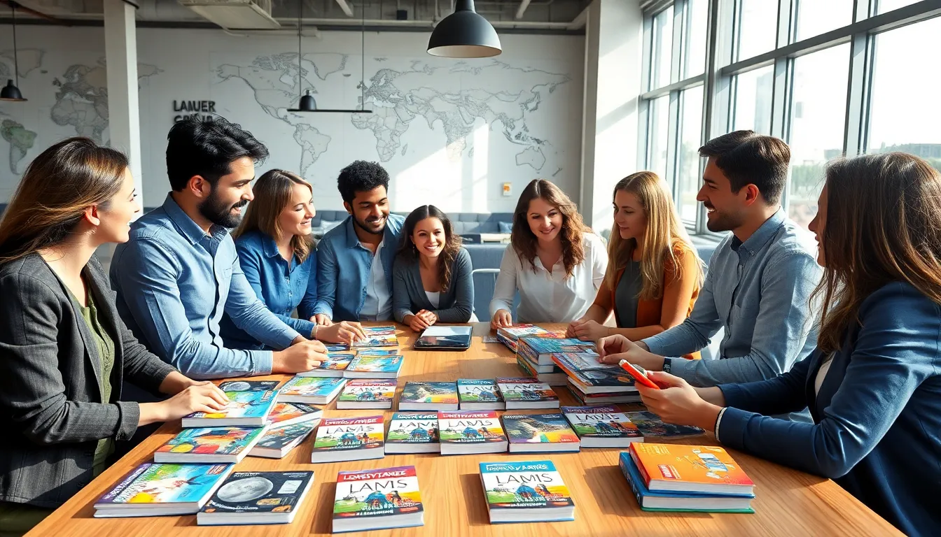A diverse group of travelers discussing plans with Lonely Planet guidebooks.