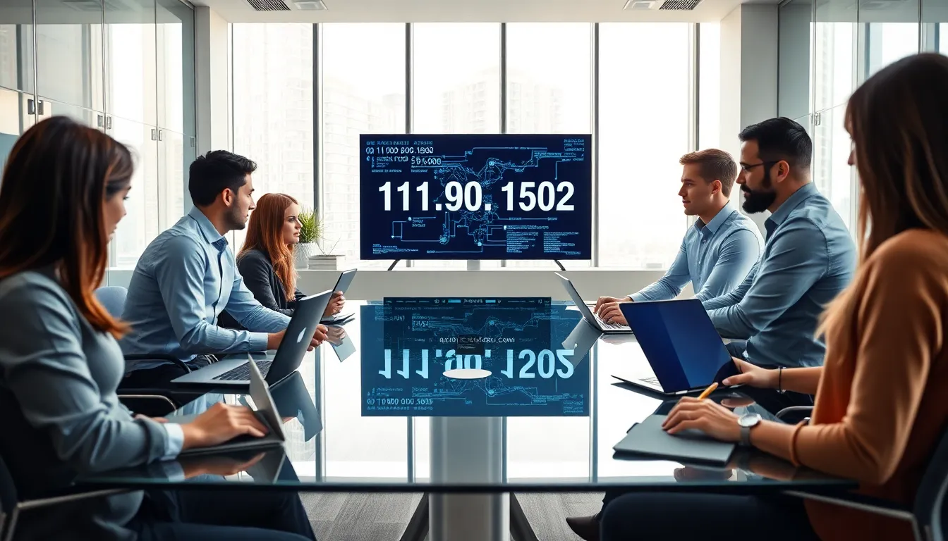 diverse IT team discussing IP address networking in a modern office.