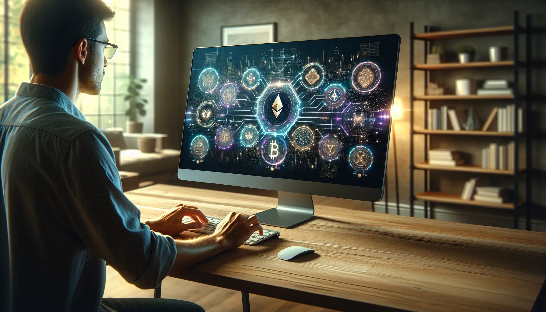 Computer screen displaying cryptocurrency token launch interface with glowing digital tokens emerging.