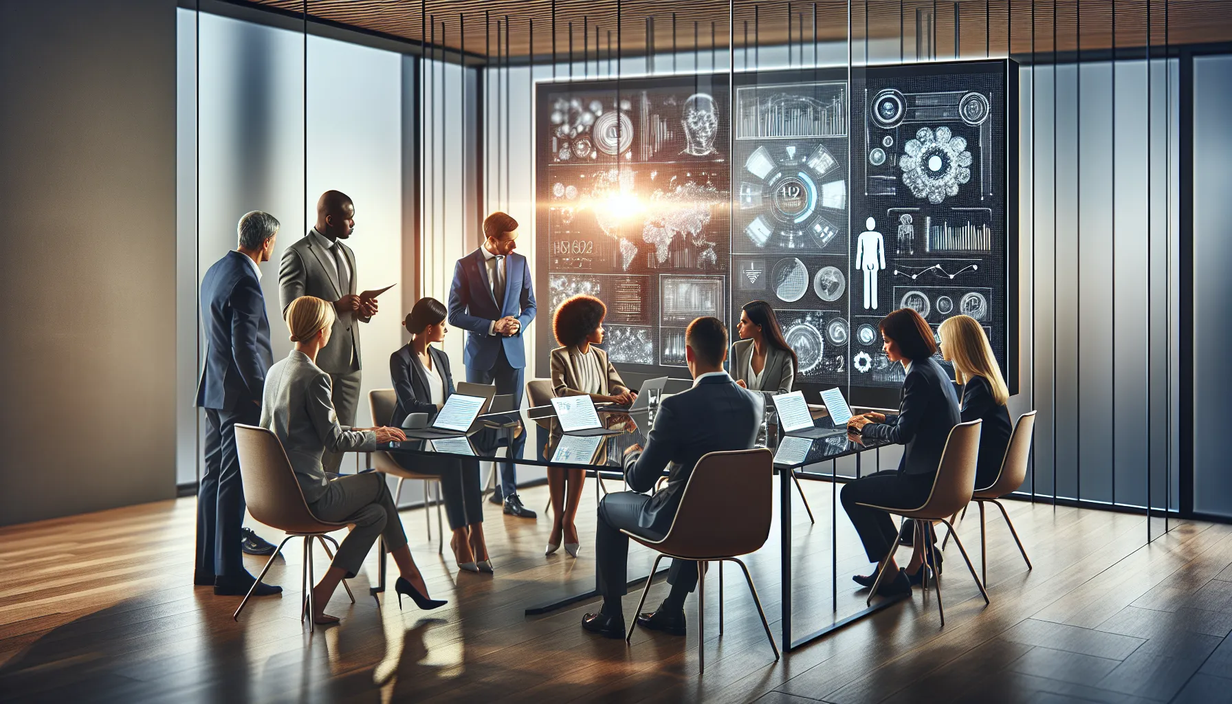 diverse professionals collaborating in a modern office setting.