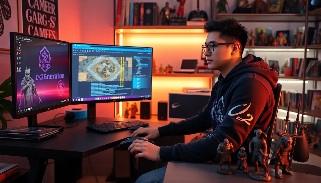 A gamer using CK2Generator software on a modern desktop.