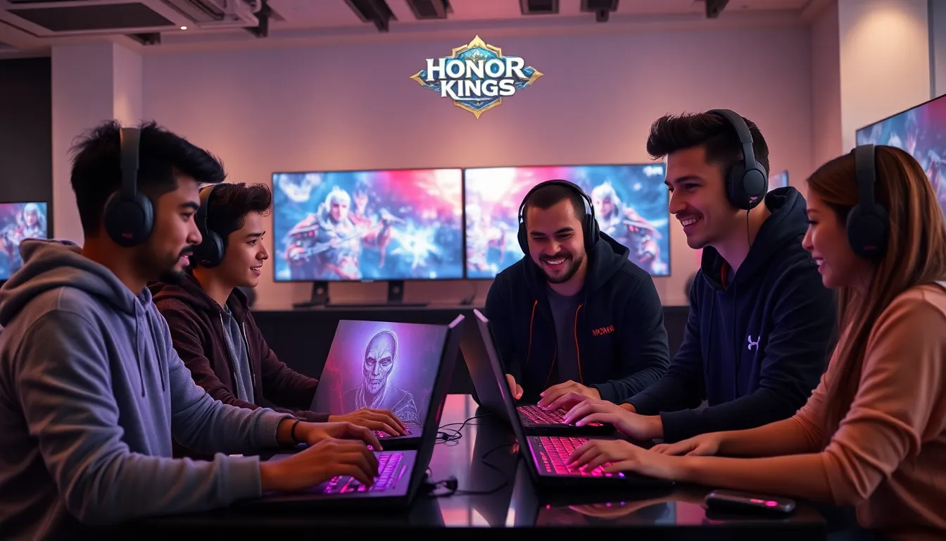 diverse gamers collaborating in a modern gaming lounge.